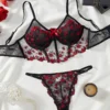 462860be-e1ec-4fab-92e7-b5840fb80c33 Women’s Semi-Sheer Embroidered Floral Lace Bustier Bra & Drop-Waist Thong Set