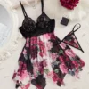 7413c756-739c-4638-bd30-eb7d0bec1197 Women’s Black Lace & Floral Babydoll Lingerie Set with Thong