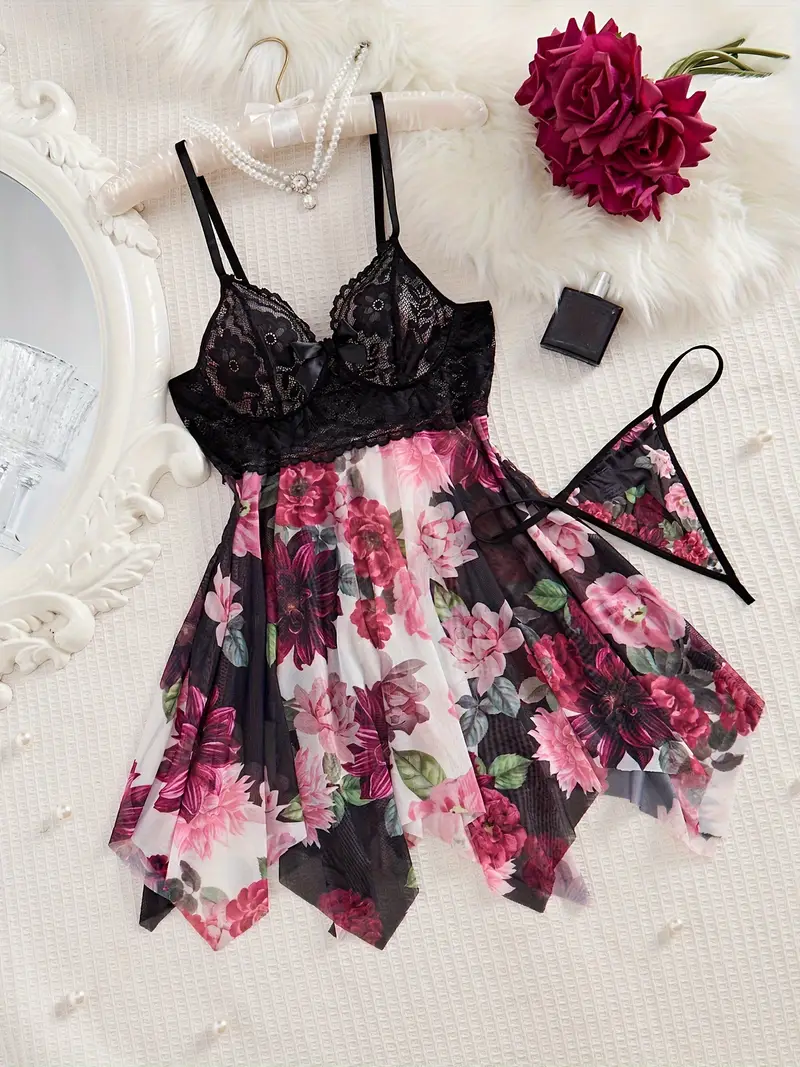 Women’s Black Lace & Floral Babydoll Lingerie Set with Thong