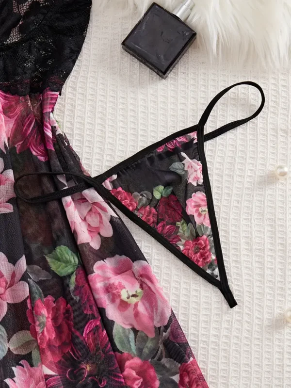 96f12229-185b-4858-91ad-2c93b811b276 Women’s Black Lace & Floral Babydoll Lingerie Set with Thong