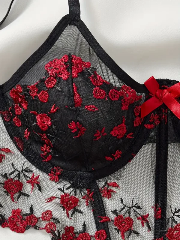 a837a459-f8c2-4805-a243-46147b81e2b3 Women’s Semi-Sheer Floral Lace Bustier & Thong Lingerie Set