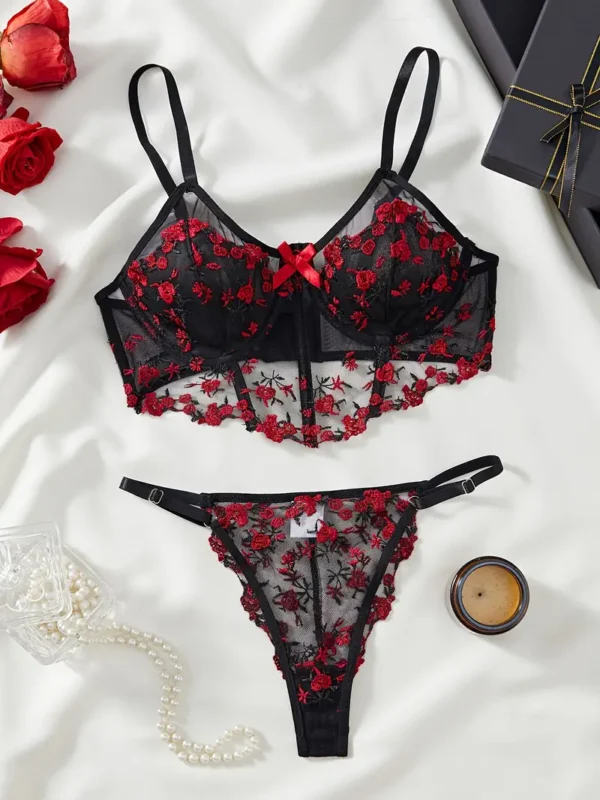 b8726a97-c455-485b-a395-8b5e12f585df Women’s Semi-Sheer Floral Lace Bustier & Thong Lingerie Set