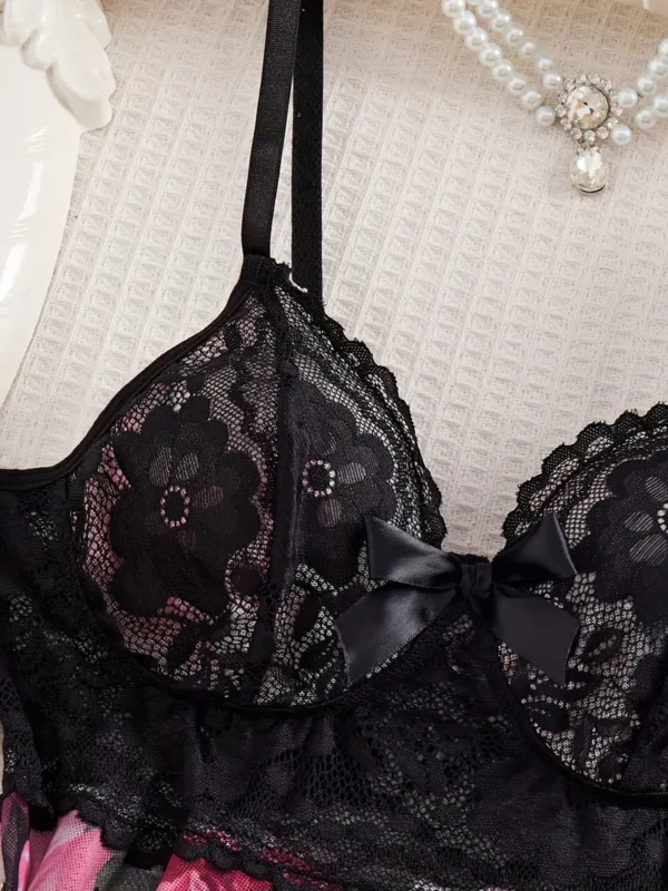 e5817567-88ad-4bb5-bb79-76b886b34533 Women’s Black Lace & Floral Babydoll Lingerie Set with Thong