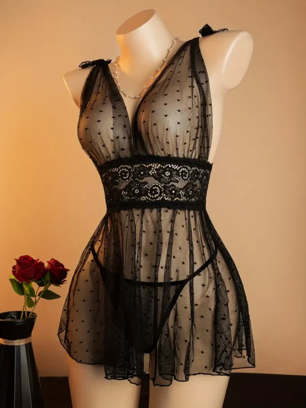 2f0c4c63-406b-4702-8b6e-63b1c2d08dda Sheer Polka-Dot Mesh Babydoll Nightdress & Thong Set