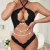 ba479ff7-5e35-4180-b64e-343003929544 Women’s Black Lace Pearl-Accent Halter Teddy Bodysuit