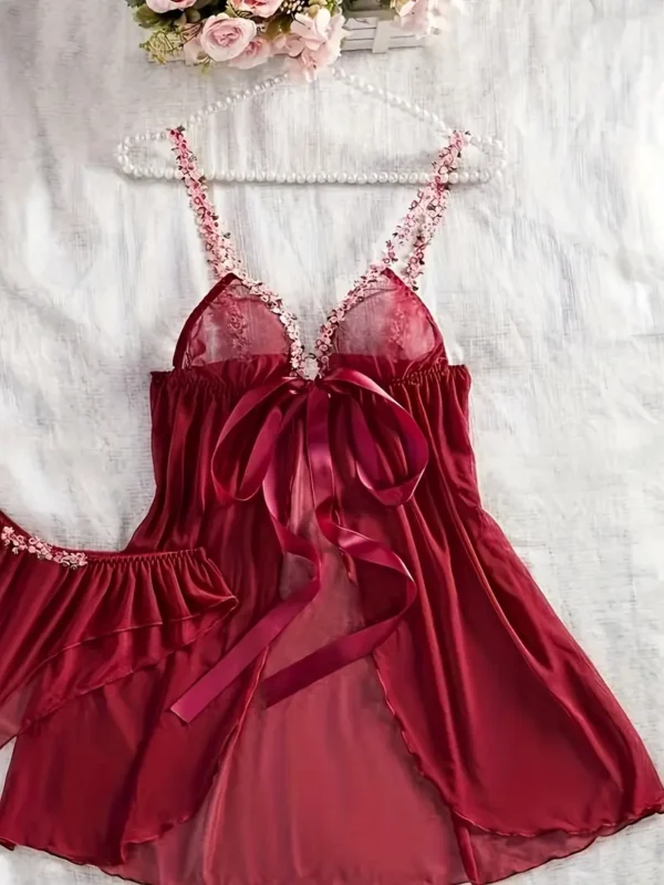e2c784fa-86e8-4a7f-be35-7e3f1b35f7a3 Floral Embroidered Mesh Babydoll & Tie-Front Panty Set