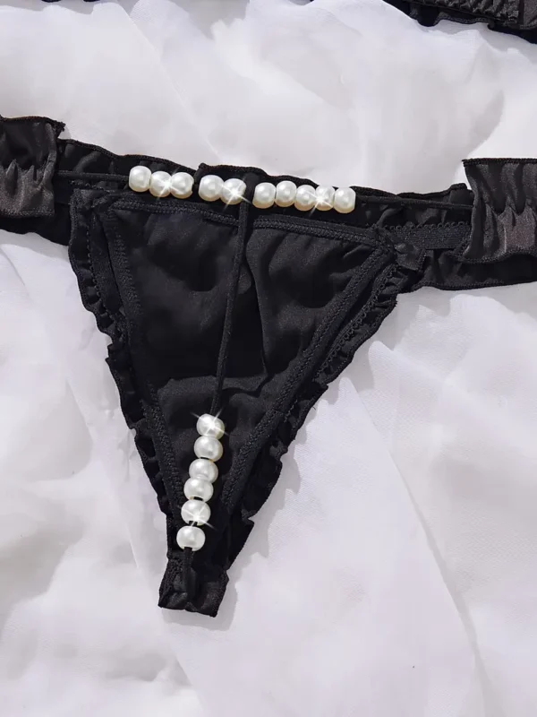 0524ffd9-602b-4905-9a4d-9a9c47a6aaf9 Black Satin Ruffle Bralette & Pearl-Chain Thong Lingerie Set