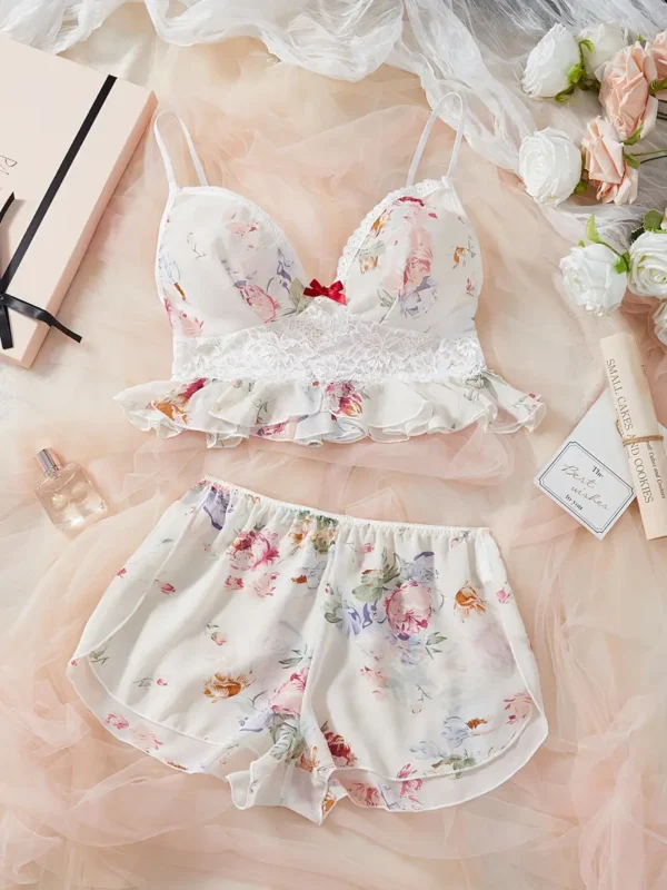 055f8fc7-e81d-47c5-ad22-c880be1bea65 Women’s Floral Lace Ruffle Bralette & Floral Print Shorts Pajama Set