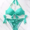 Women’s Mint Green Tie-Front Halter Bikini Set with Paisley Print Bottoms Women’s Mint Green Tie-Front Halter Bikini Set with Paisley Print Bottoms