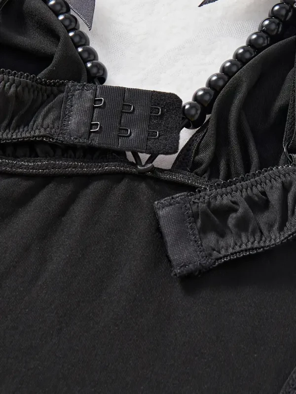 Black Beaded Cut-Out Teddy Bodysuit with Ruffle Trim