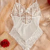 Women’s White Floral Lace & Mesh Teddy Bodysuit