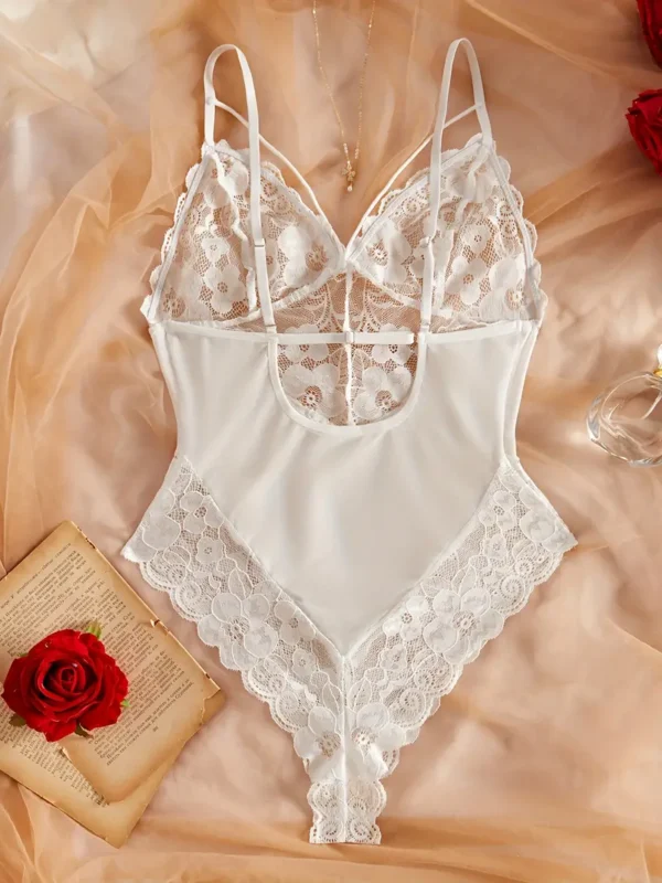 Women’s White Floral Lace & Mesh Teddy Bodysuit