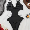 Black Beaded Cut-Out Teddy Bodysuit with Ruffle Trim