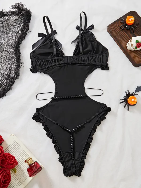 Black Beaded Cut-Out Teddy Bodysuit with Ruffle Trim