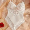 Women’s White Floral Lace & Mesh Teddy Bodysuit