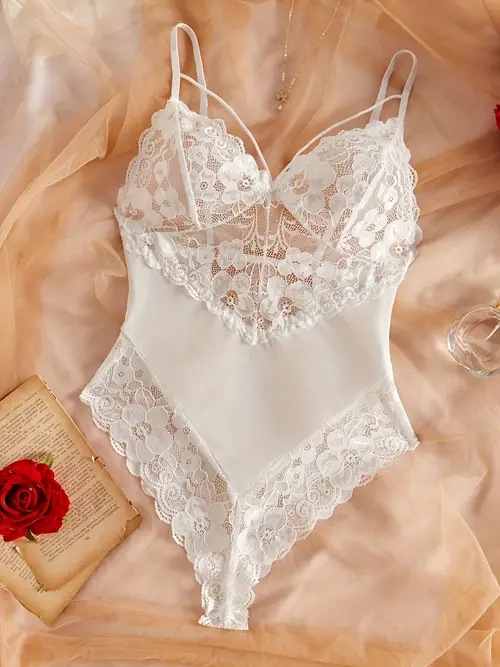Women’s White Floral Lace & Mesh Teddy Bodysuit