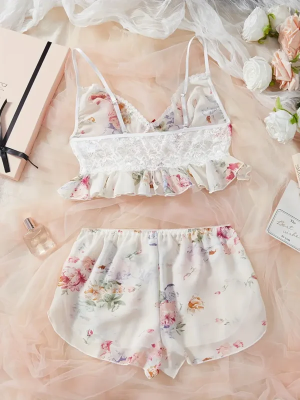 c7d33aeb-cd0b-47d8-8fa7-19d72062884c Women’s Floral Lace Ruffle Bralette & Floral Print Shorts Pajama Set