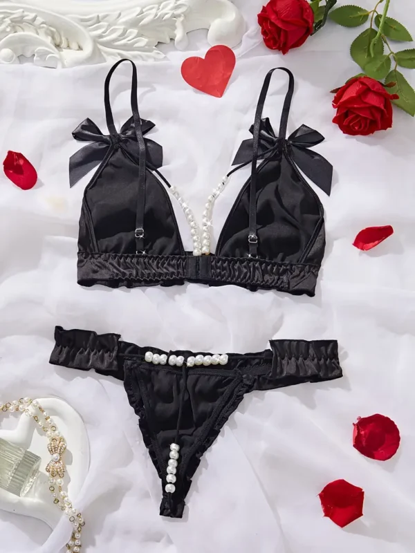 d5d90d3d-d0e8-4740-ae64-2b498437418e Black Satin Ruffle Bralette & Pearl-Chain Thong Lingerie Set